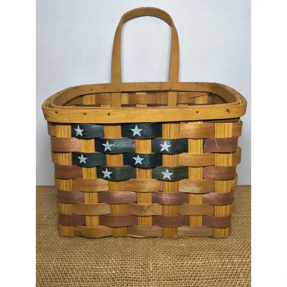 Stars & Stripes American Flag Basket W Handle Americana Home Decor Table Or Wall